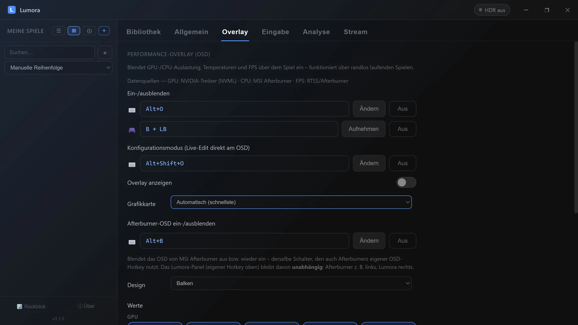 Lumora Overlay-Einstellungen: Hotkeys für Tastatur und Gamepad, Konfigurationsmodus, Grafikkarten-Auswahl, Design und die Auswahl der angezeigten Werte
